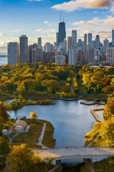 The Chicago skyline and Lincoln park at sunrise